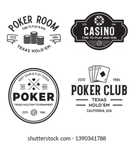 Poker related labels emblems badges design elements set. Texas holdem poker club tournament logotype collection. Vector vintage illustration.