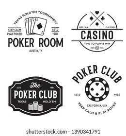 Poker related labels emblems badges design elements set. Texas holdem poker club tournament logotype collection. Vector vintage illustration.