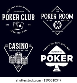 Poker related labels emblems badges design elements set. Texas holdem poker club tournament logotype collection. Vector vintage illustration.