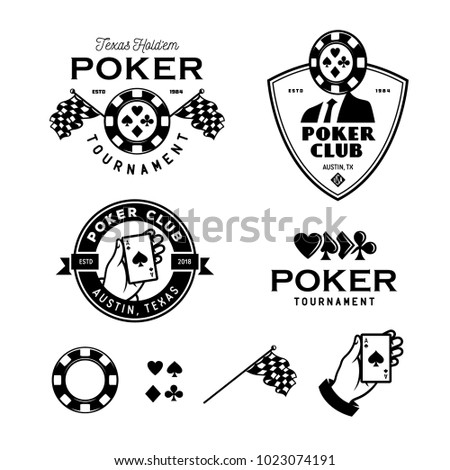 Poker related labels emblems badges design elements set. Texas holdem poker club tournament logotype collection. Human hand holding ace of spades. Vector vintage illustration.