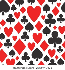 Poker repeat pattern, vector seamless casino background with card suits, clubs, hearts, spades and diamonds