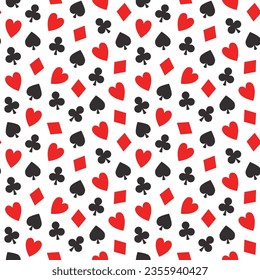 Poker seamless pattern, vector seamless casino background with card suits, clubs, hearts, spades and diamonds