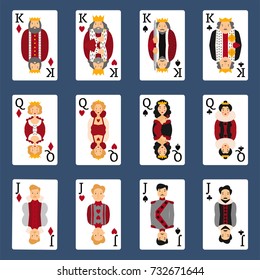 Poker set with isolated cards casino gambling deck playing royal king queen jack gamble symbols vector illustration.
