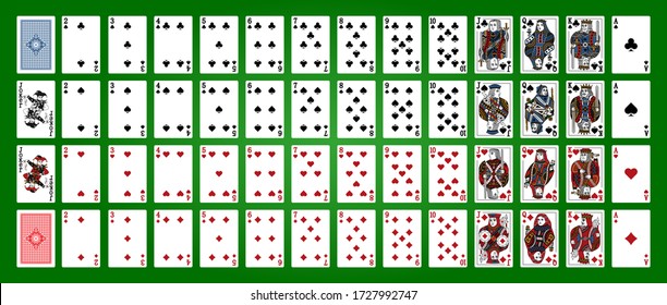 Poker set with isolated cards on green background. Poker playing cards, full deck. - Shutterstock ID 1727992747