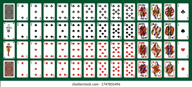 Poker set with isolated cards on green background. Poker playing cards, full deck.