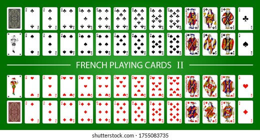 Poker set with isolated cards on green background. 52 French playing cards with jokers.