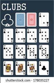 Poker set with isolated cards on blue background - Clubs