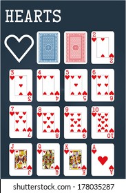 Poker set with isolated cards on blue background - Hearts