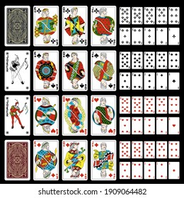 Poker set with isolated cards on green background. 52 Greece playing cards with jokers.