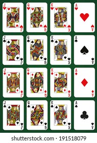 Poker set with isolated cards on green background - High cards