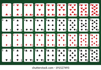 Poker set with isolated cards on green background - Numbered cards