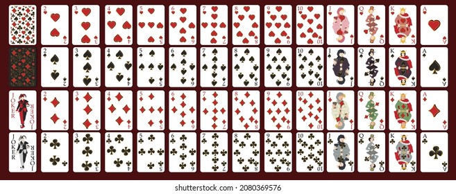 Poker set with isolated cards on red background. Poker cards, full deck. Vector illustration