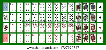 Poker set with isolated cards on green background. Poker playing cards, full deck.