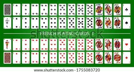 Poker set with isolated cards on green background. 52 French playing cards with jokers.