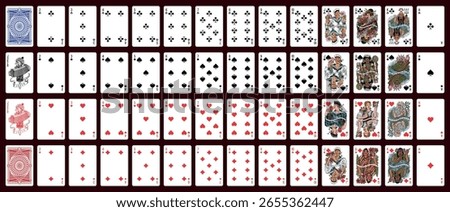 Poker set with isolated cards. Poker playing cards, full deck.