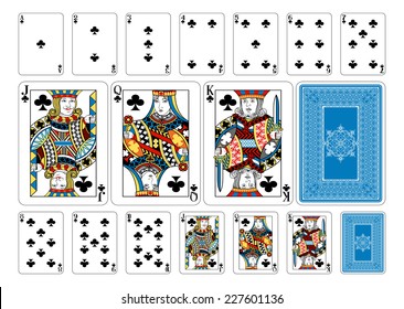 Poker size Club playing cards plus playing card back. New original playing card deck design. Symbol worked  into Jack, Queen and King. Reverse of deck features pattern with interwoven suit symbols. 