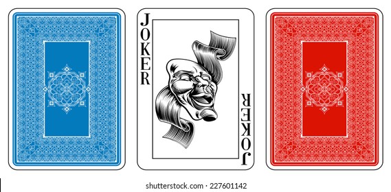 Poker size joker playing card plus playing card back. New original playing card deck design. Symbol worked  into Jack, Queen and King. Reverse of deck features pattern with interwoven suit symbols. 