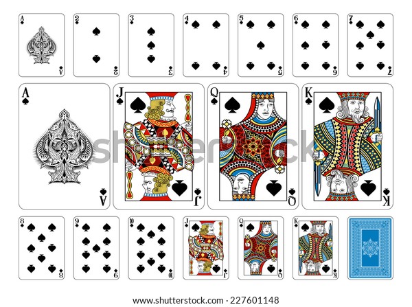 Poker size Spade playing cards plus playing card back.
New original playing card deck design. Symbol worked  into Jack,
Queen and King. Reverse of deck features pattern with interwoven
suit symbols. 