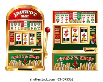 Poker slot jackpot machine isolated front images set with realistic one arm bandit game playing machine vector illustration