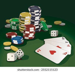 poker stock tokens chips casino money and cash on green felt table with cards fan of aces and dices gambling illustration