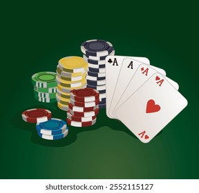 poker stock tokens chips casino money on green felt table with cards fan of aces gambling illustration