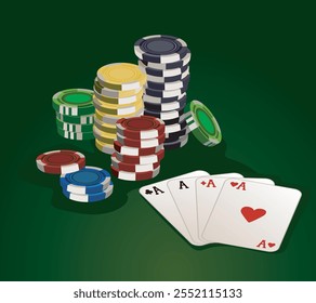 poker stock tokens chips casino money on green felt table with cards fan of aces gambling illustration