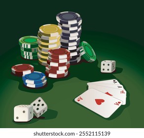 poker stock tokens chips casino money on green felt table with cards fan of aces gambling illustration