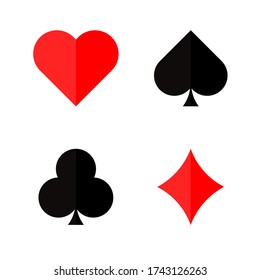 Juego de tarjetas vectoriales de palo de póquer, club de palo de corazón y objetos rojos y negros de diamante ilustraciones aisladas.