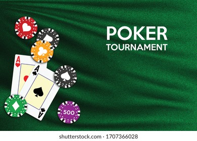 Poker table background in green cloth color with aces and poker chips. Vector illustration.