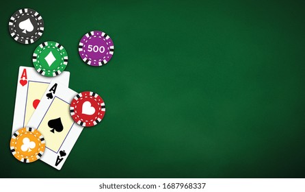 Poker table background in green color with aces and poker chips. Vector illustration.