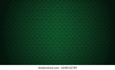 Poker table background in green color. background with card suits. Picture spades, hearts, diamonds, clubs. Background for gambling, casino advertising. Vector illustration.