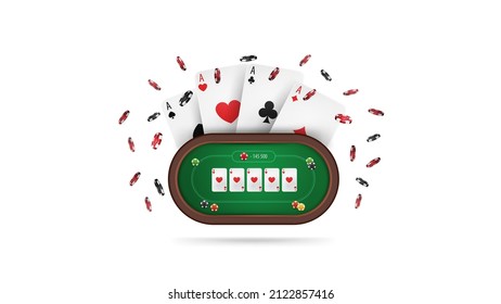 Poker table with cards and poker chips in cartoon style isolated on white background