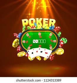 Poker table with the cards and chips on a gold background. Vector illustration