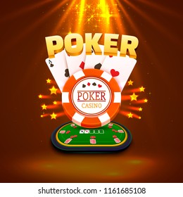 Poker table with the cards and chips on a gold background. Vector illustration