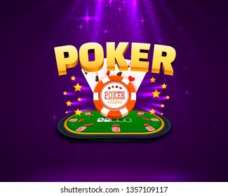 Poker table with the cards and chips on a purple background. Vector illustration