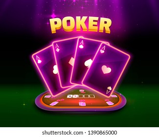 Poker table with the cards and chips on a green background. Vector illustration