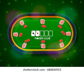 Poker table with the cards and chips on a green background. Vector illustration