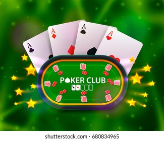 Poker table with the cards and chips on a green background. Vector illustration