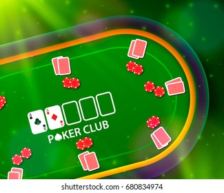 Poker table with the cards and chips on a green background. Vector illustration