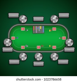 Poker table with chairs and cards chips player labels template