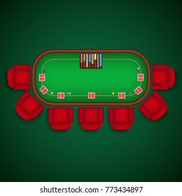 Poker table with chairs and cards chips template