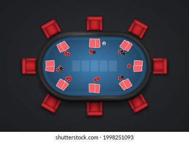 Mesa de póquer con fichas, tarjetas y sillas. Ilustración vectorial.