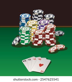 poker table with fan of aces cards tokens illustration casino money symbol on green felt background