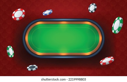 Poker table with green cloth on red background and flying poker chips. Realistic vector illustration.