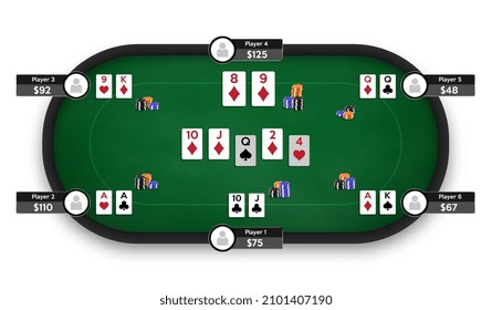 Poker table. Online poker room. Texas Hold'em game illustration. Online game concept. Vector illustration.