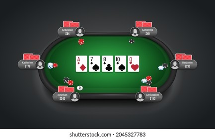 Poker table with players, cards and chips. Poker room. Texas hold'em online game. Vector illustration.