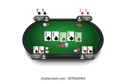 Poker table with players, cards and chips. Poker room. Texas hold'em online game. Vector illustration.