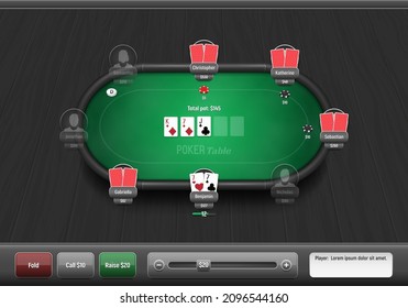 Poker table with players, cards and chips. Poker room. Texas hold'em online game. Vector illustration.