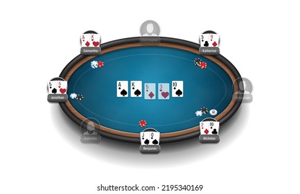 Pokertisch mit Spielern, Karten und Chips. Pokerraum. Texas Hold'em Online-Spiel. Vektorgrafik.