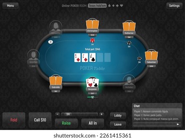 Mesa de póquer con jugadores, cartas y fichas. Sala de póquer. Texas los tiene en línea. Ilustración vectorial.